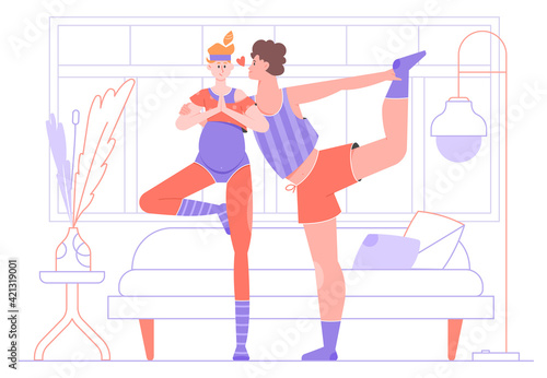 Husband and wife are doing yoga. Pregnant girl and sports, exercises, assanas. Parents-to-be in the living room. Vector flat illustration.