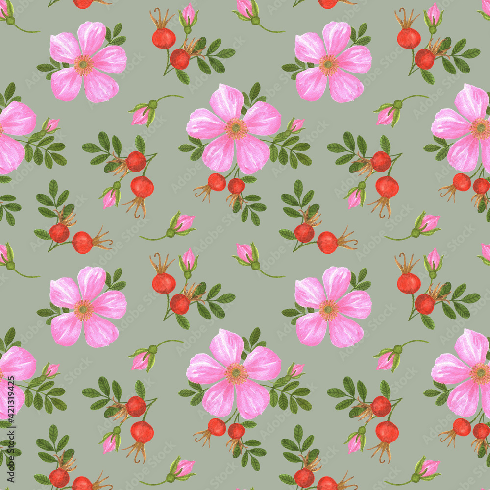 Fototapeta premium Rosehip seamless pattern