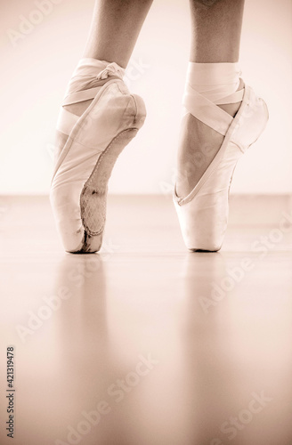 Close-up of ballerinas pointe shoes. Classical ballet