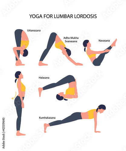 Set of yoga asanas for lumbar lordosis. Vector illustration