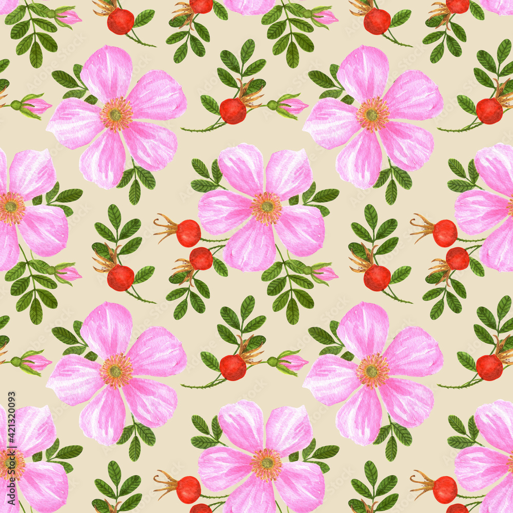 Rosehip seamless pattern on beige background