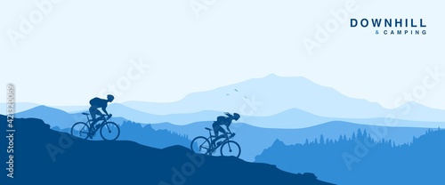 Cyclist couple descending down the mountain. Landscape camper silhouettes vector illustration
