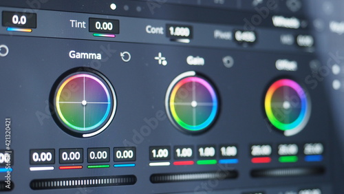 Color grading graph or RGB colour correction indicator on monitor in post production process. Telecine stage in video or film production processing. for colorist edit or adjust color on digital movie. © gnepphoto