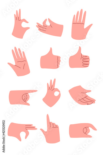 Set of hands showing different gestures in modern style. Vector flat cartoon illustration solated on a white background.