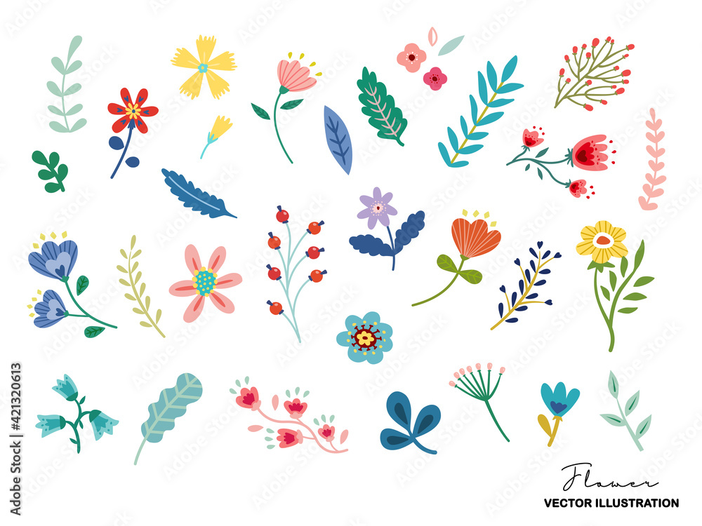 Obraz premium 春のお花&葉っぱのイラストセット(ベクターデザイン) Set of floral elements for graphic and web design. Vector illustrations for beauty, fashion, natural and organic products, events, environment.Spring summer autumn winter