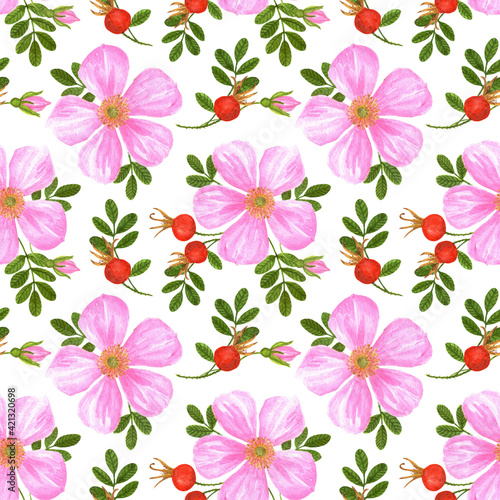 Rosehip seamless pattern on white background