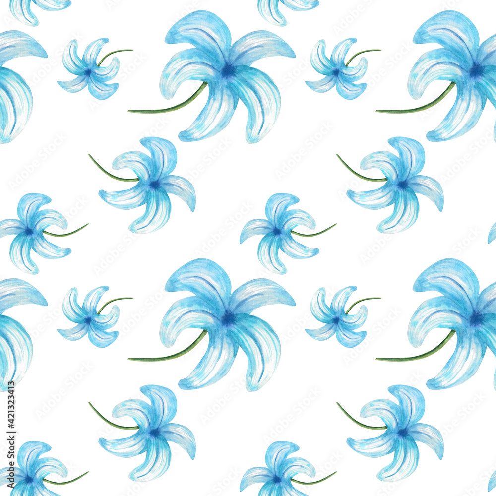 Watercolor illustration. Seamless pattern on a white background from hyacinths with a blue flowers. Blooming blue hyacinths in a seamless design for paper, textile, background
