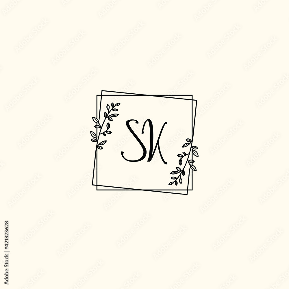 SK initial letters Wedding monogram logos, hand drawn modern minimalistic and frame floral templates