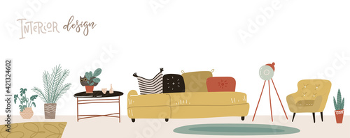 Set of furniture for scandinavian interior and home accessories. Mid century modern living room panorama. Vector flat hand dtawn illustration.