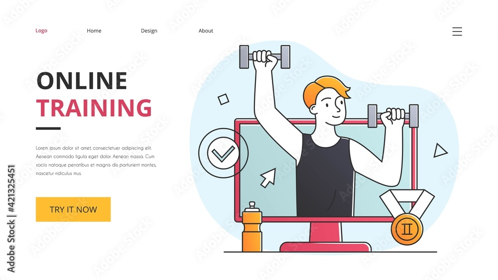 Concept of online training with man lifting weights in a gym Concept of online training with man lifting weights in a gym