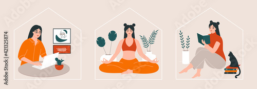Home routine, everyday life, daily tasks and activities of a woman. Young woman reading books, meditating, working. Self development, personal growth concept. Set of isolated vector illustrations