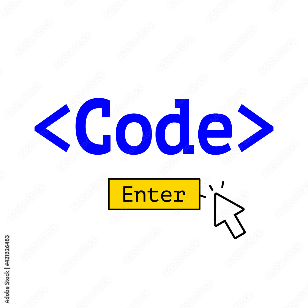 Blue text Code in angle brackets and yellow button with cursor Blue text Code in angle brackets and yellow button with cursor