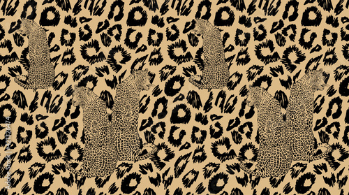Vector seamless pattern with leopards in vintage style.