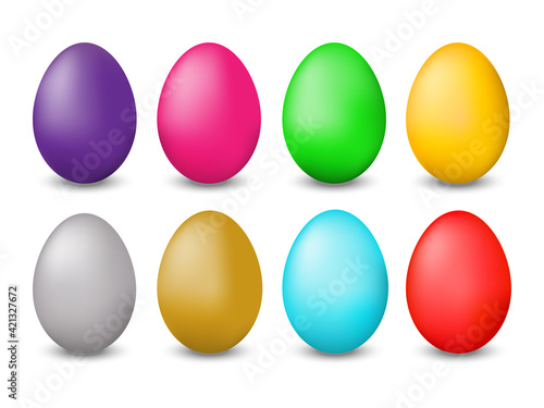 Easter colorful eggs big set.Real 3D eggs with differet colors.Happy Easter concept.For greeting cards,banner,posters.Vector eggs isolated on white background.