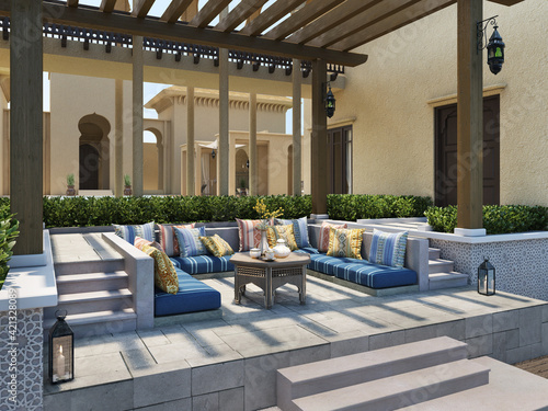 Lounge pavilion on terrace with cushions inspired by arabic,islamic,moroccoo design.3d rendering