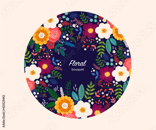 Beautiful romantic flower bouquet with roses, leaves,  flowers
