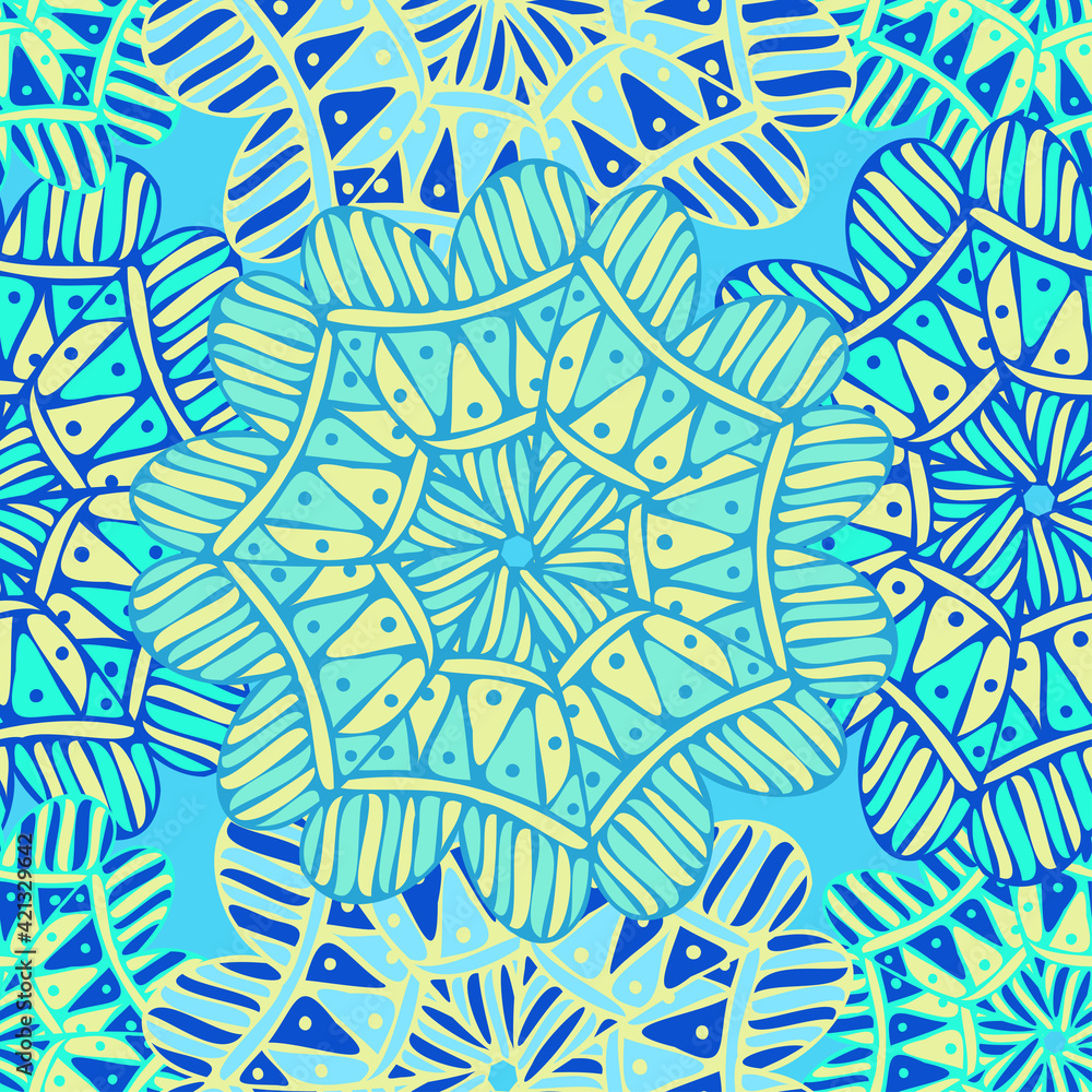 Vector seamless vector pattern colorful design bright geometric floral shapes in blue tones