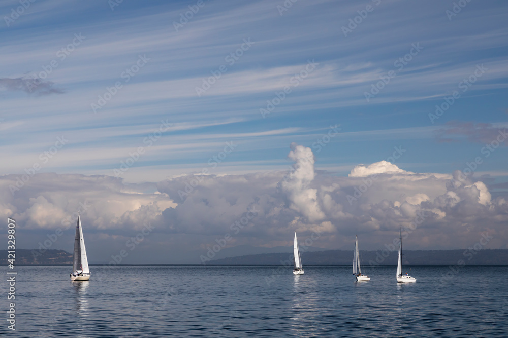 USA, Washington State, Kingston. Sailboats on Puget Sound.
