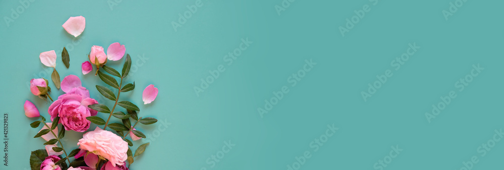Creative layout made with pink flowers on blue background. Flat lay. Creative layout made with pink flowers on blue background. Flat lay.
