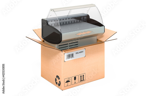 Refrigerated display case inside cardboard box, delivery concept. 3D rendering