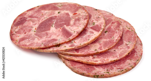 Ham sausage slices, isolated on white background. High resolution image