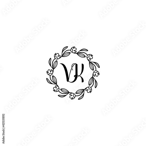 VK initial letters Wedding monogram logos, hand drawn modern minimalistic and frame floral templates