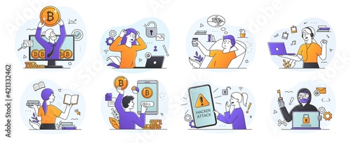 Set of eight scenes depicting Students at Leisure, Hacker Attack Threat, Bitcoin Trading