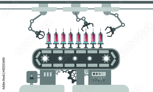Production and distribution of a COVID-19 vaccine. Design by vaccine bottles sliding on factory belt for manufacturing with robotic hands. Coronavirus laboratory metaphor Poster or social banner.