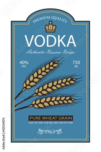 template vodka label with royal crown and ears of wheat in retro style
