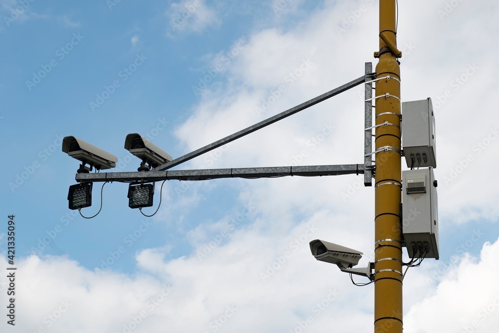 Lots of speed and security cameras monitoring the streets and roads creating the Big Brother surveillance system
