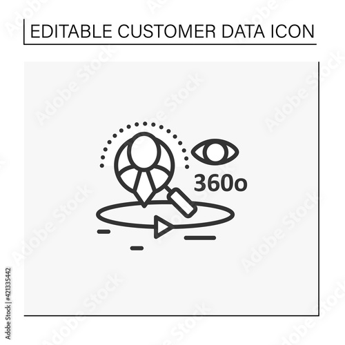 360-degree customer view line icon.All client data in one place. Interactions with customer service, social media behavior.Customer data concept. Isolated vector illustration.Editable stroke