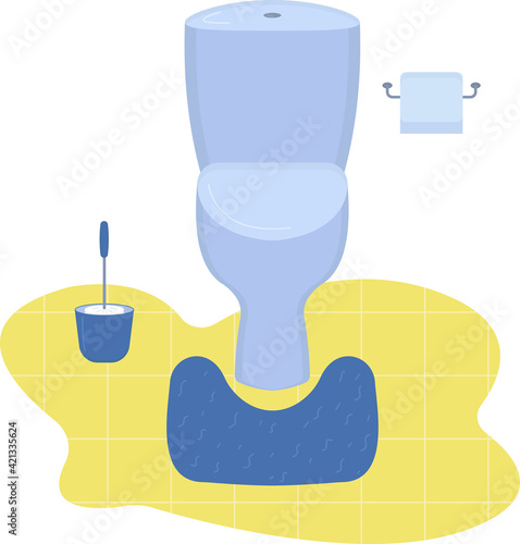 Blue toilet bowl. Toilet room, bathroom. Brush, toilet paper, foot mat. Cozy and modern. Flat vector illustraton
