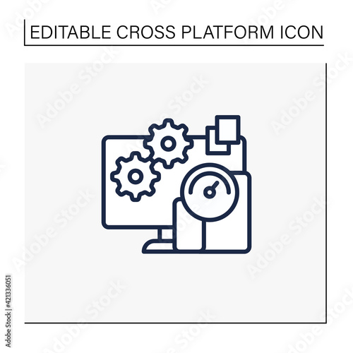 Testing apps line icon. Testing new applications inside different platforms. Trial new operation system on computer. Cross platform concept. Isolated vector illustration.Editable stroke