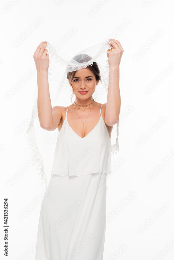 pretty woman in wedding dress raising veil isolated on white pretty woman in wedding dress raising veil isolated on white