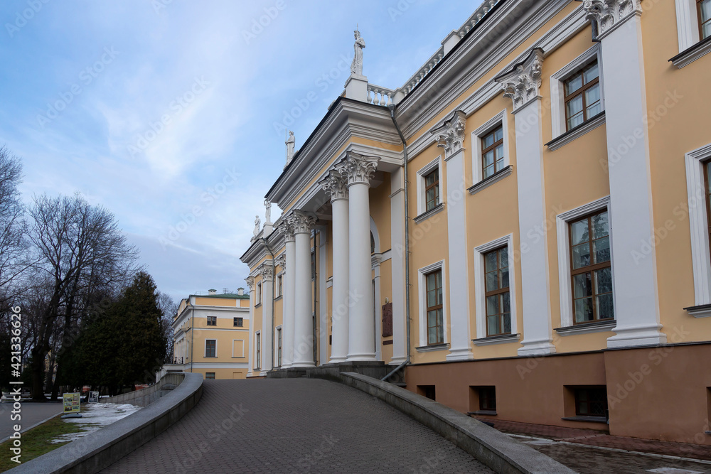 Palace of the Rumyantsevs and Paskevichs. Gomel palace and park ensemble in winter named after Lunacharsky. Gomel. Belarus. Winter in the Gomel park. Museum. Sights of Gome