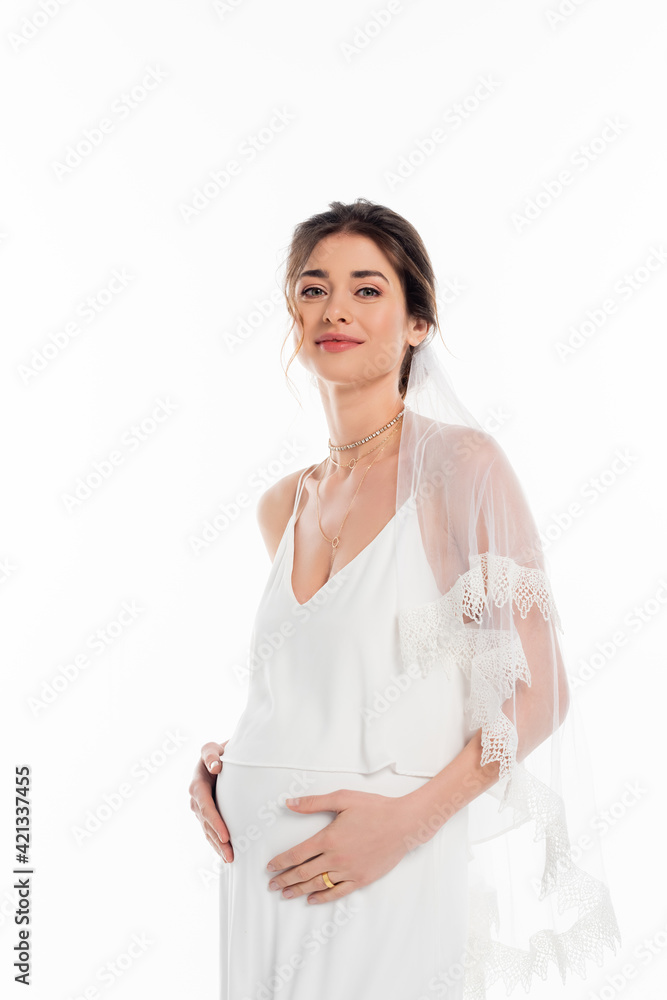 happy, pregnant fiancee touching belly while looking at camera isolated on white happy, pregnant fiancee touching belly while looking at camera isolated on white