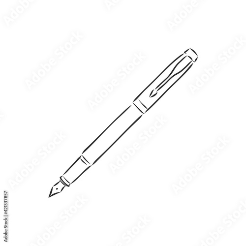 Aged luxury business steel basic tip of feather isolated on white backdrop. Freehand linear black color hand drawn picture logo sketchy in artsy scribble ancient style. Closeup view