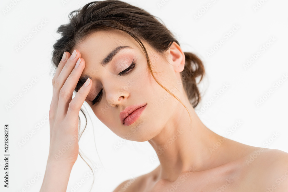 pretty woman with natural makeup holding hand near face isolated on white pretty woman with natural makeup holding hand near face isolated on white