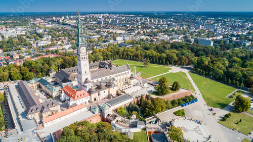 Poland, Częstochowa. Jasna Góra fortified monastery and church on the hill. Famous historic place and 
Polish Catholic pilgrimage site with Black Madonna miraculous icon. Aerial view in fall. photo