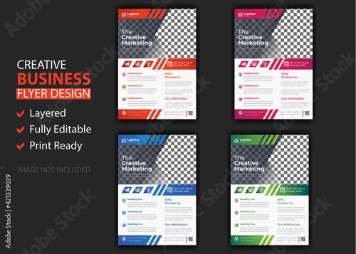 Corporate business flyer template design set with blue, magenta, red and yellow color. marketing, business proposal, promotion, advertise, publication, cover page