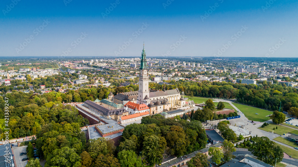 Poland, Częstochowa. Jasna Góra fortified monastery and church on the hill. Famous historic place and 
Polish Catholic pilgrimage site with Black Madonna miraculous icon. Aerial view in fall.