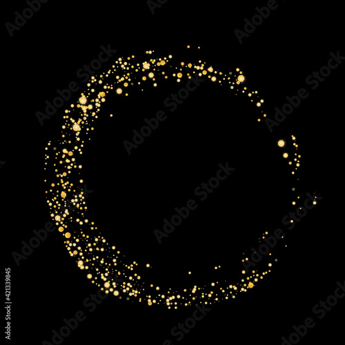 Gold glitter confetti on black background, frame. Zen. Scattered with shiny particles, sand. Decorative element. Luxury background for your design, greeting cards, invitations, vector