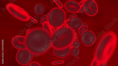 3D Animation of Haemoglobin cells floating in a vessel like an artery or vein in the blood stream.
