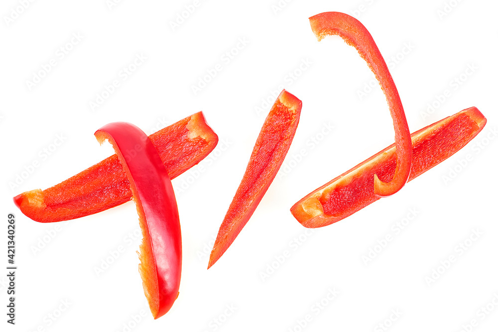 Red sweet bell pepper sliced strips isolated on a white background, top view. Red fresh paprika. Red sweet bell pepper sliced strips isolated on a white background, top view. Red fresh paprika.