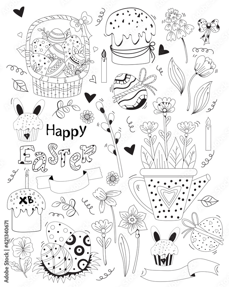 Happy Easter. Set of Easter doodles - basket with Easter eggs, Easter cakes, cupcake, rabbit, flowers and leaves, holiday decor. Vector. Black line, outline. Cute decor for design, print and postcards