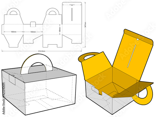 Folding Box With Handle (Internal measurement 15x15x8cm) and Die-cut Pattern. The .eps file is full scale and fully functional. Prepared for real cardboard production.