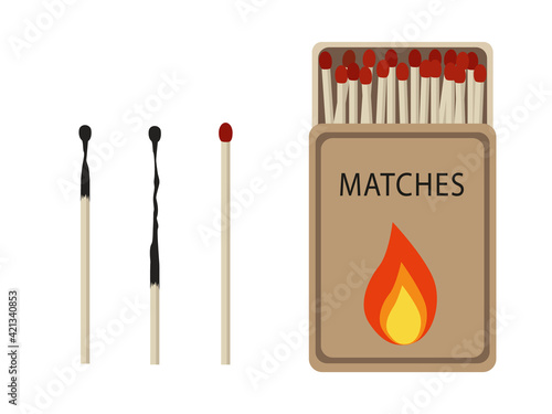 Matches set. Opened matchbox with fire, burnt matchstick isolated on white background. Vector illustration in flat style.