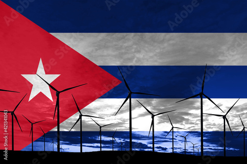 Photography Cuba flag wind farm at sunset, sustainable development, renewable energy