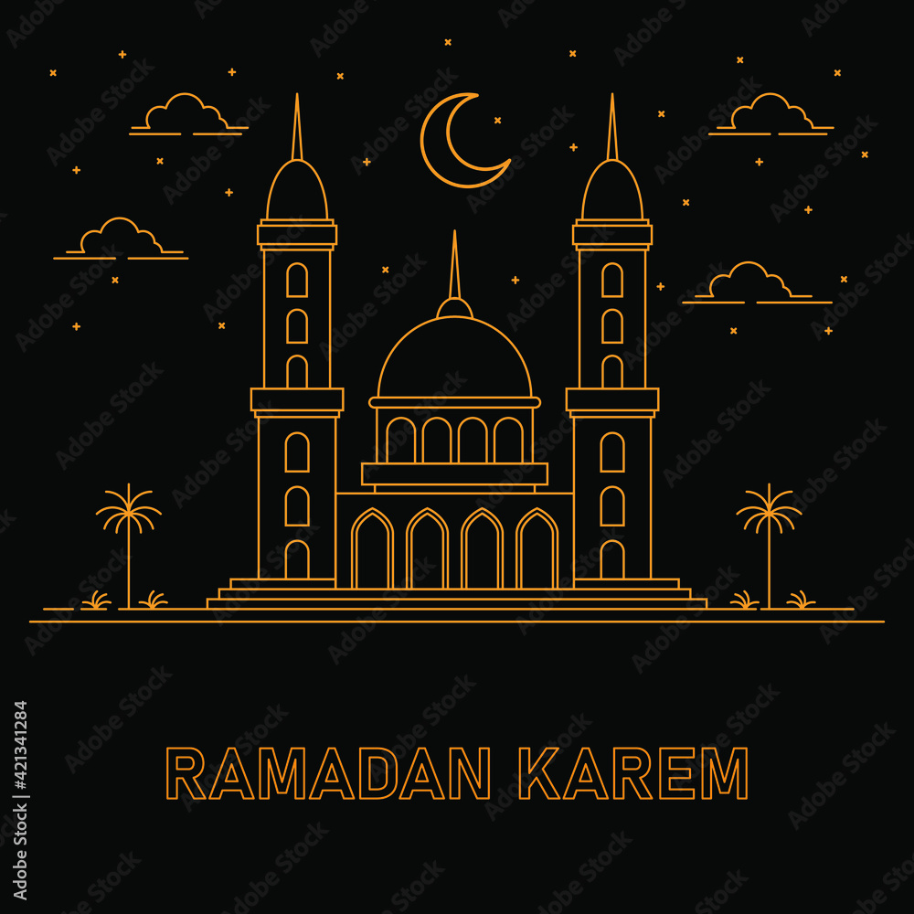 Obraz premium Creative illustration of a mosque in line style. isolated black background