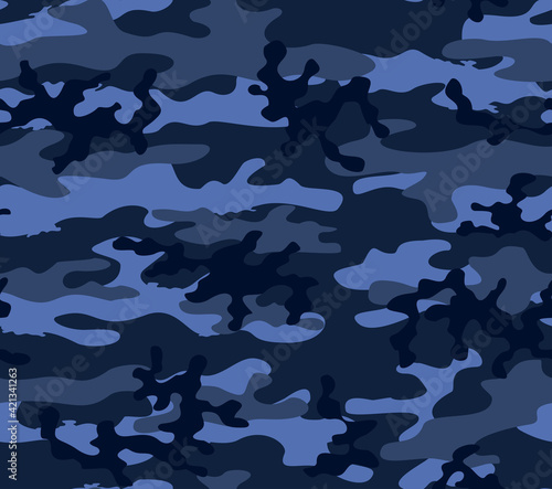 Blue army camouflage, dark background, vector pattern. Stylish design.